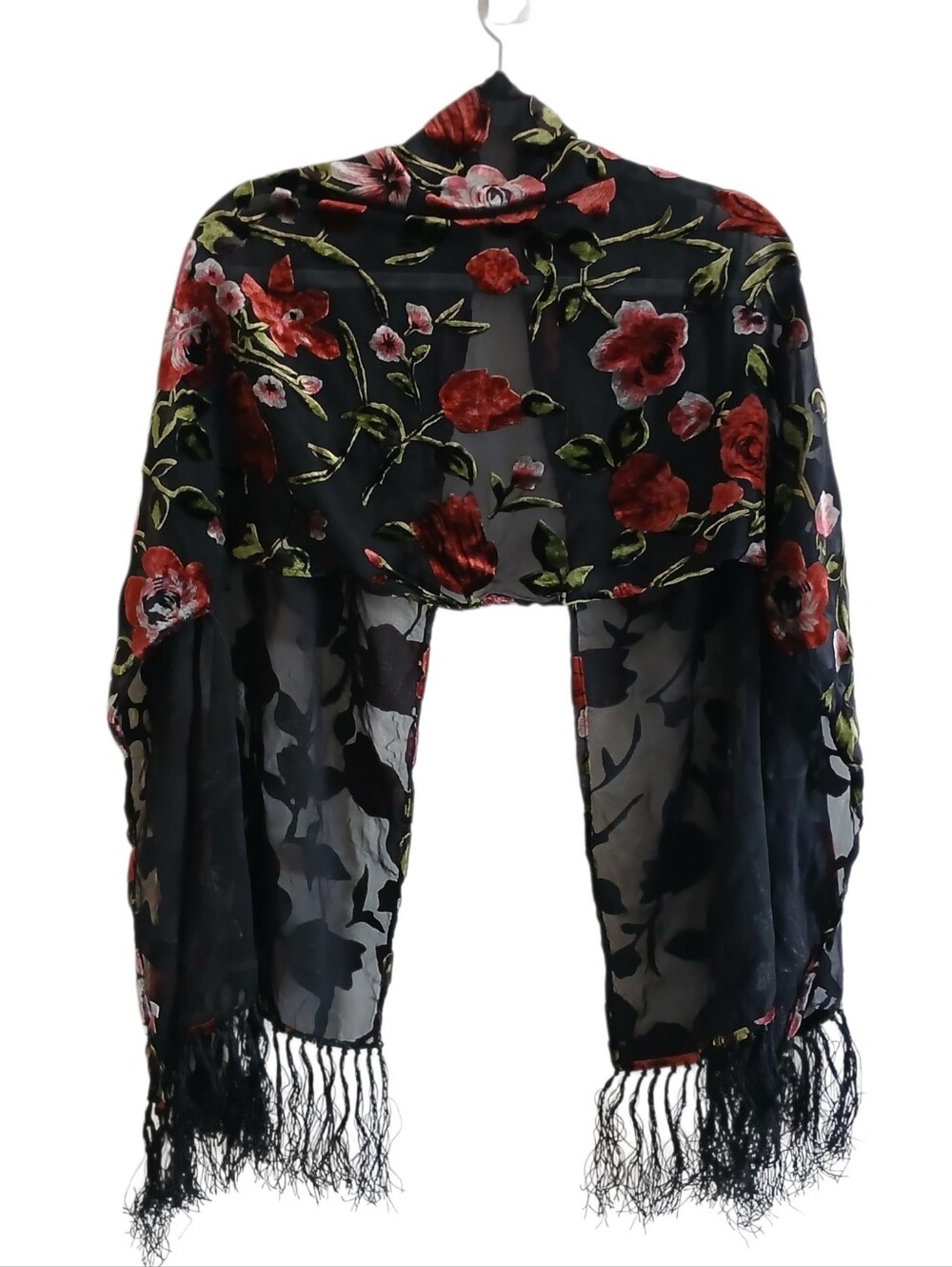 100% SILK Velvet Burnout Roses Knotted Fringe Rectangle Piano Shawl Sheer Wrap - Picture 4 of 9